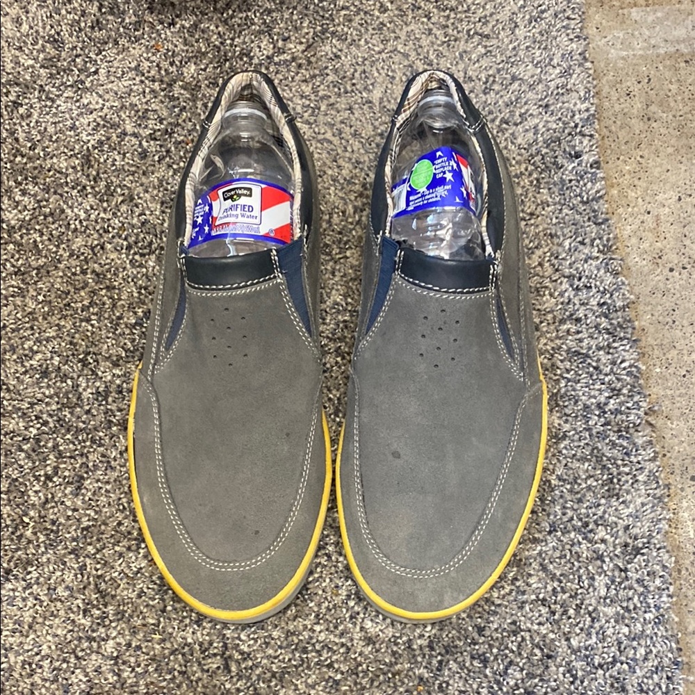 Clarks Gray and Yellow Suede Slip-On Loafers